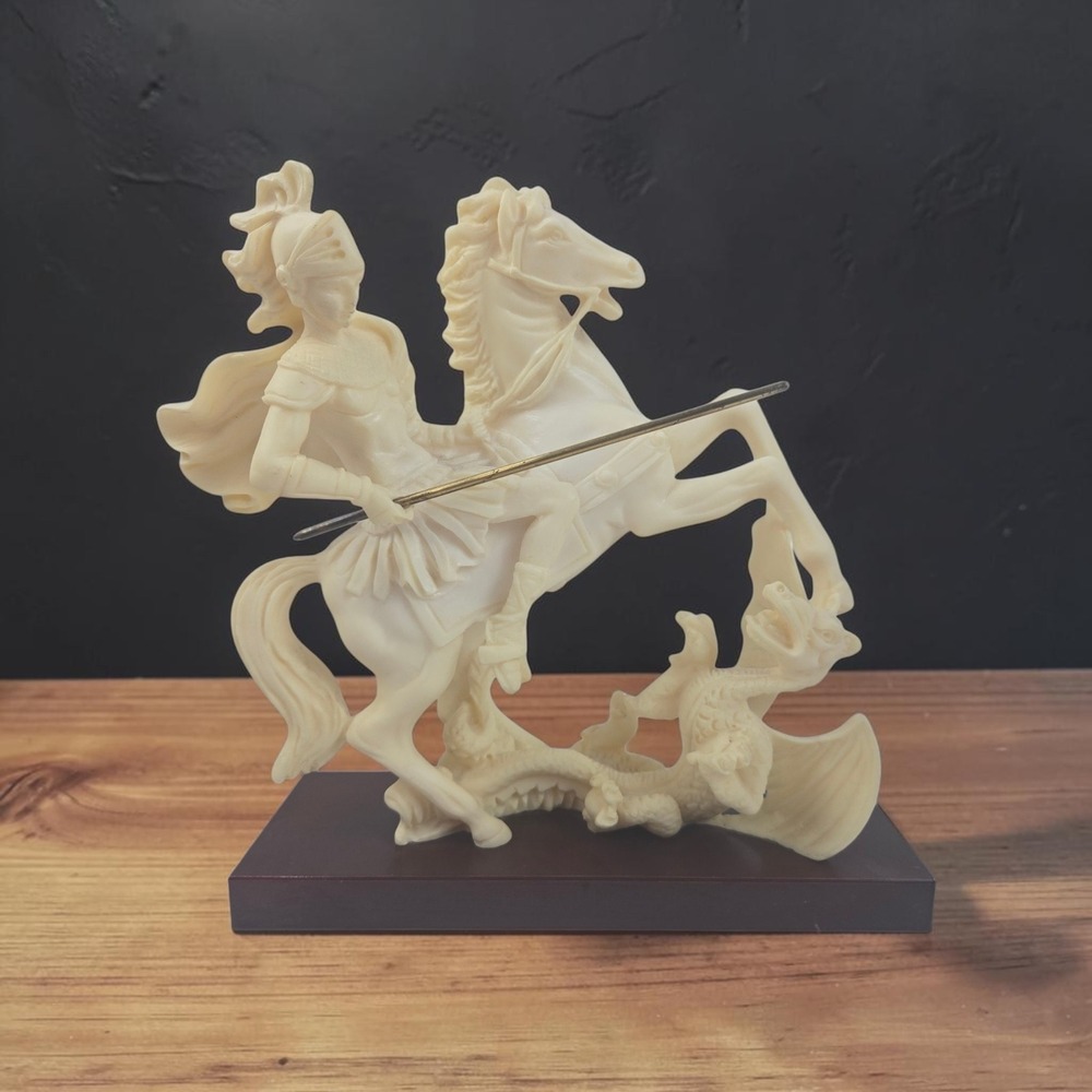 Vtg Miquel Spain Saint George Dragon Cast Alabaster Resin Statue w Stone Base 9"